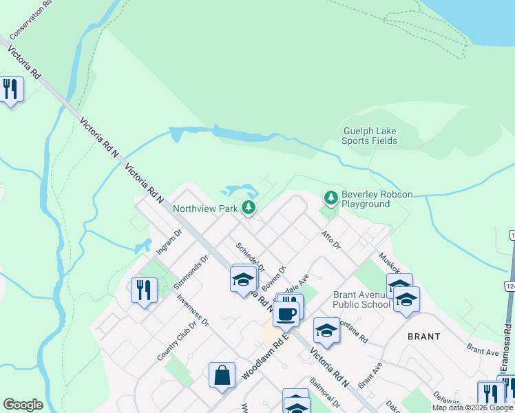 map of restaurants, bars, coffee shops, grocery stores, and more near 85 Mullin Drive in Guelph