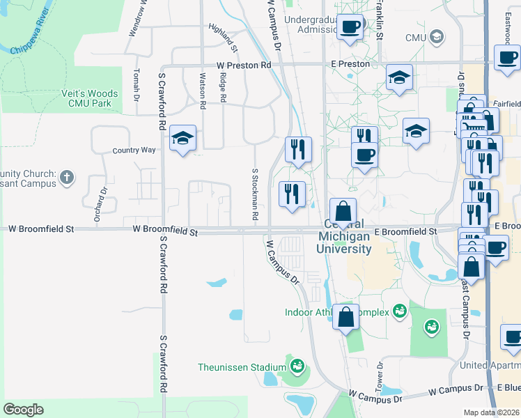 map of restaurants, bars, coffee shops, grocery stores, and more near 1809 South Stockman Road in Mount Pleasant