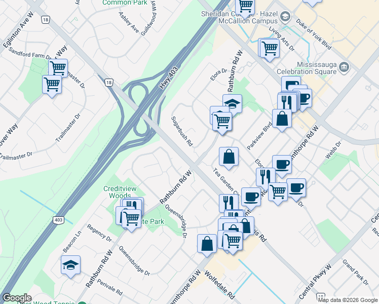map of restaurants, bars, coffee shops, grocery stores, and more near in Mississauga