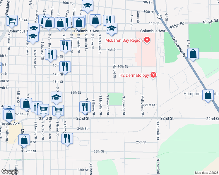 map of restaurants, bars, coffee shops, grocery stores, and more near 2007 18th Street in Bay City