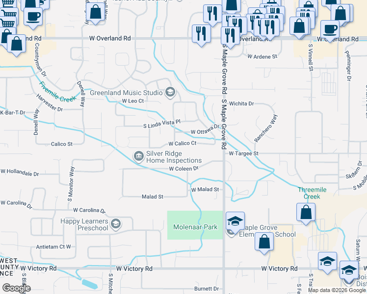 map of restaurants, bars, coffee shops, grocery stores, and more near 9309 West Ottawa Drive in Boise
