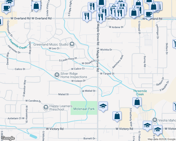 map of restaurants, bars, coffee shops, grocery stores, and more near 9197 West Ottawa Drive in Boise
