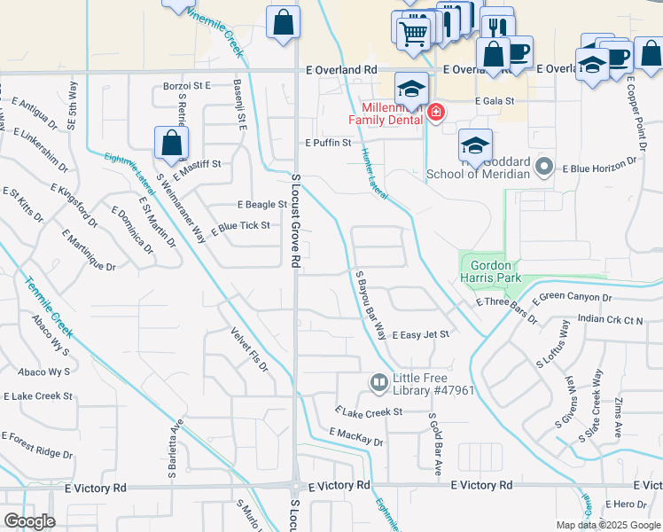 map of restaurants, bars, coffee shops, grocery stores, and more near 1726 East Doberman Drive in Meridian