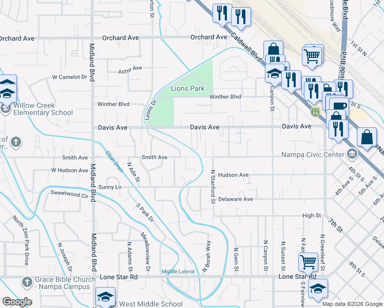 map of restaurants, bars, coffee shops, grocery stores, and more near in Nampa
