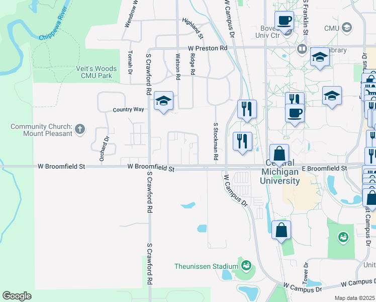 map of restaurants, bars, coffee shops, grocery stores, and more near 715 Edgewood Drive in Mount Pleasant