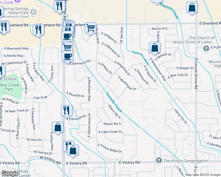 map of restaurants, bars, coffee shops, grocery stores, and more near 890 East Franklin Road in Meridian