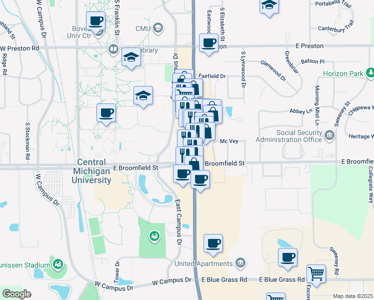 map of restaurants, bars, coffee shops, grocery stores, and more near 1908 South Mission Street in Mount Pleasant