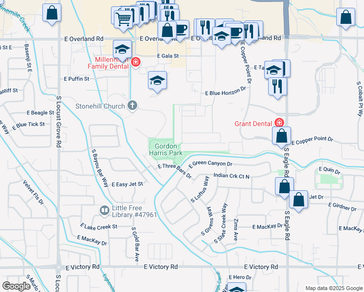 map of restaurants, bars, coffee shops, grocery stores, and more near 2271 South Accolade Avenue in Meridian