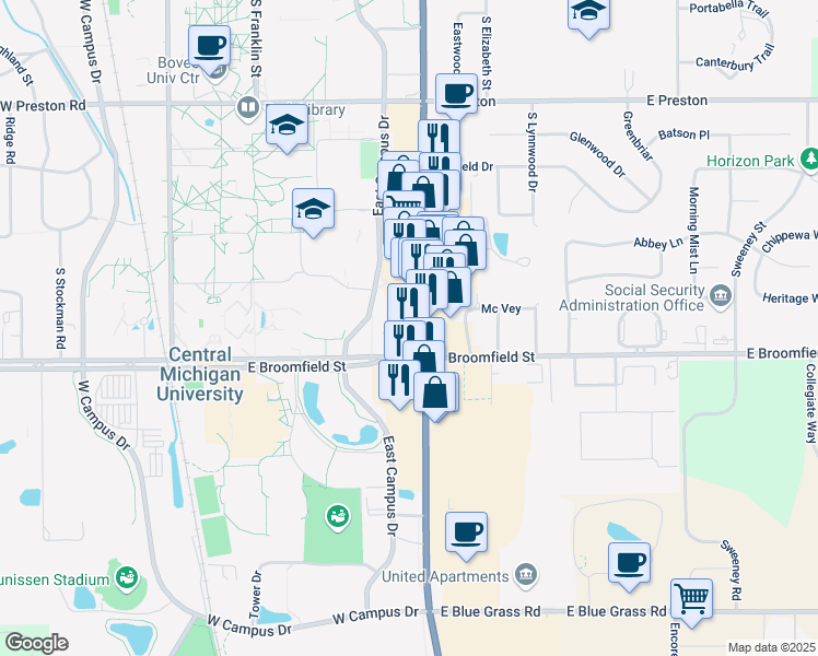 map of restaurants, bars, coffee shops, grocery stores, and more near 1908 South Mission Street in Mount Pleasant