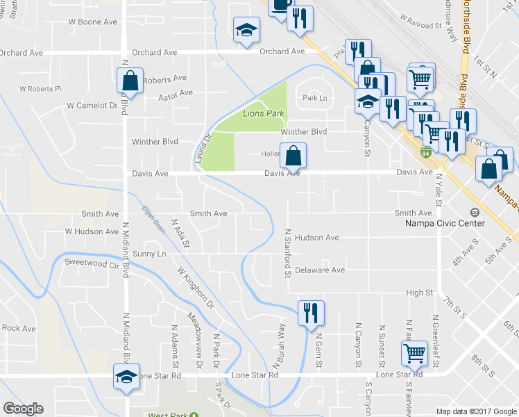 map of restaurants, bars, coffee shops, grocery stores, and more near 412 Smith Avenue in Nampa