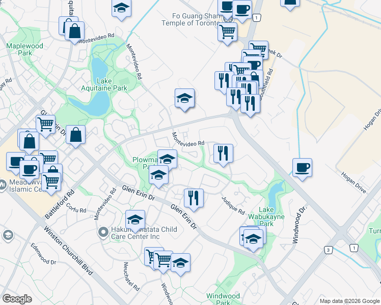 map of restaurants, bars, coffee shops, grocery stores, and more near in Mississauga