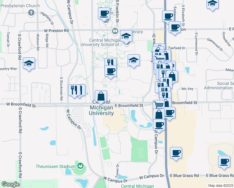 map of restaurants, bars, coffee shops, grocery stores, and more near Sauk Trail in Mount Pleasant
