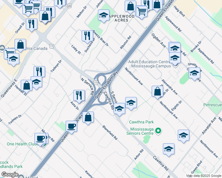 map of restaurants, bars, coffee shops, grocery stores, and more near South Service Road in Mississauga