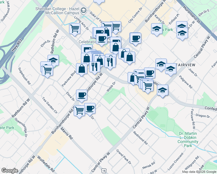 map of restaurants, bars, coffee shops, grocery stores, and more near 3883 Quartz Rd in Mississauga