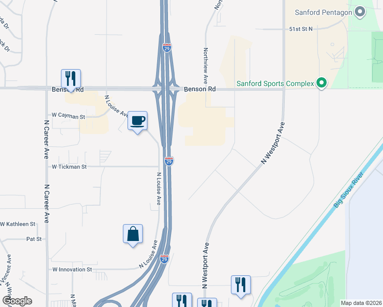 map of restaurants, bars, coffee shops, grocery stores, and more near 3601 West Tickman Street in Sioux Falls