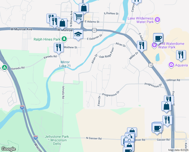 map of restaurants, bars, coffee shops, grocery stores, and more near 150 Whitetail Boulevard in Baraboo