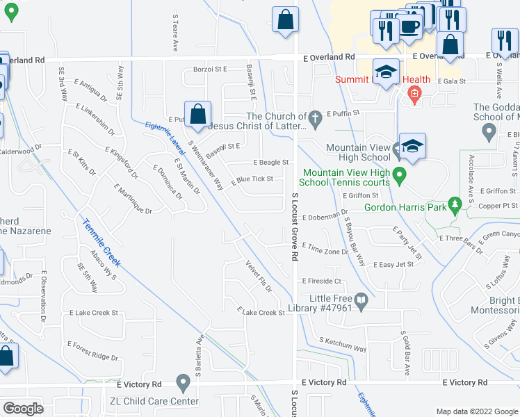 map of restaurants, bars, coffee shops, grocery stores, and more near 1396 East Doberman Street in Meridian