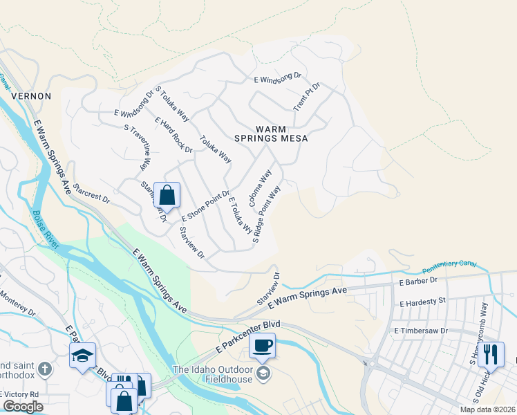 map of restaurants, bars, coffee shops, grocery stores, and more near 2155 South Ridge Point Way in Boise
