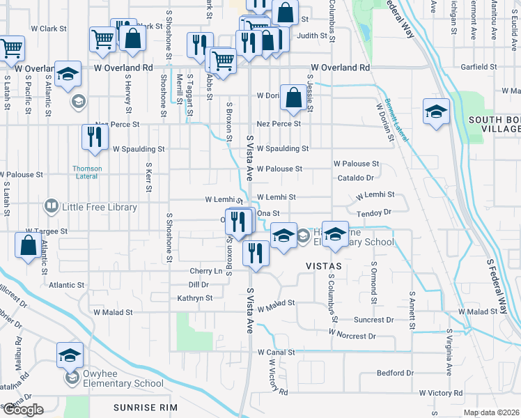 map of restaurants, bars, coffee shops, grocery stores, and more near 2423 Lemhi Street in Boise