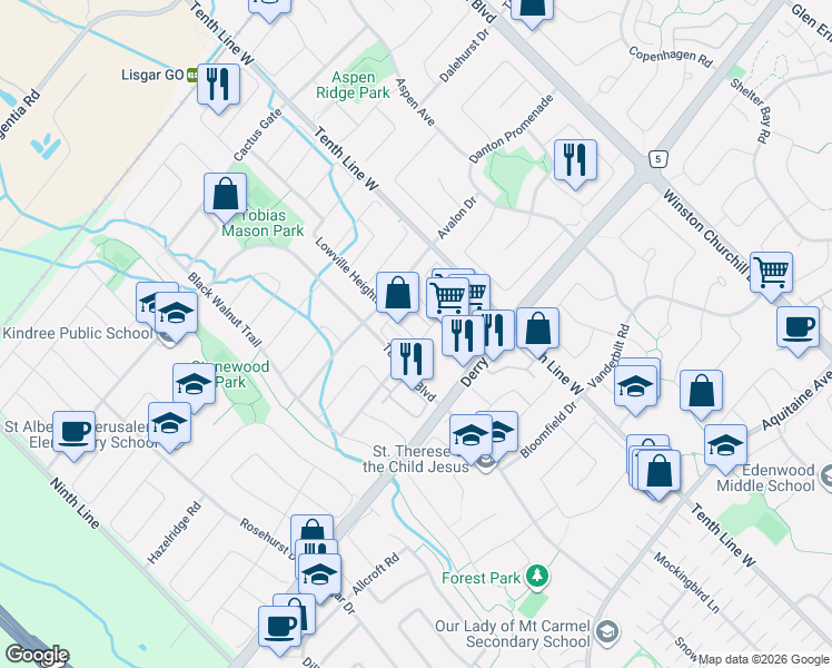 map of restaurants, bars, coffee shops, grocery stores, and more near 7059 Fairmeadow Crescent in Mississauga