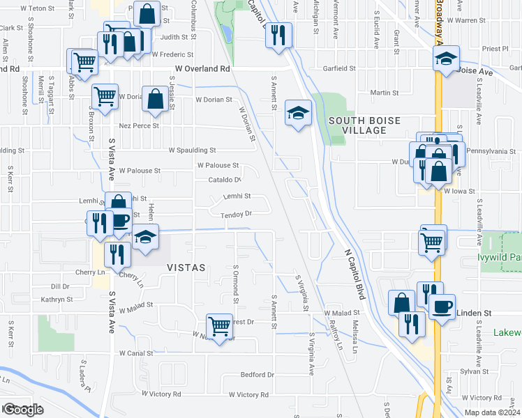 map of restaurants, bars, coffee shops, grocery stores, and more near 1810 Tendoy Drive in Boise