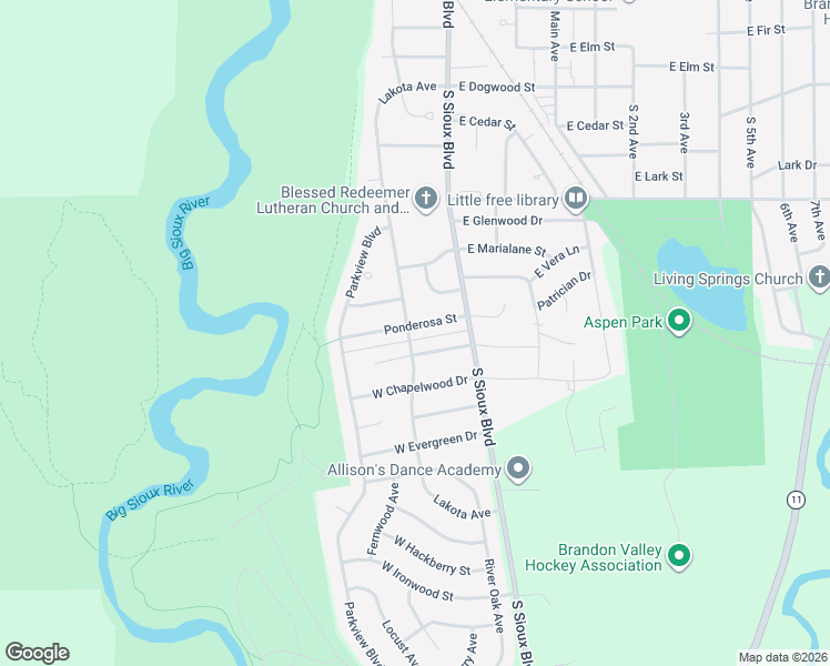 map of restaurants, bars, coffee shops, grocery stores, and more near 112 Ponderosa Street in Brandon