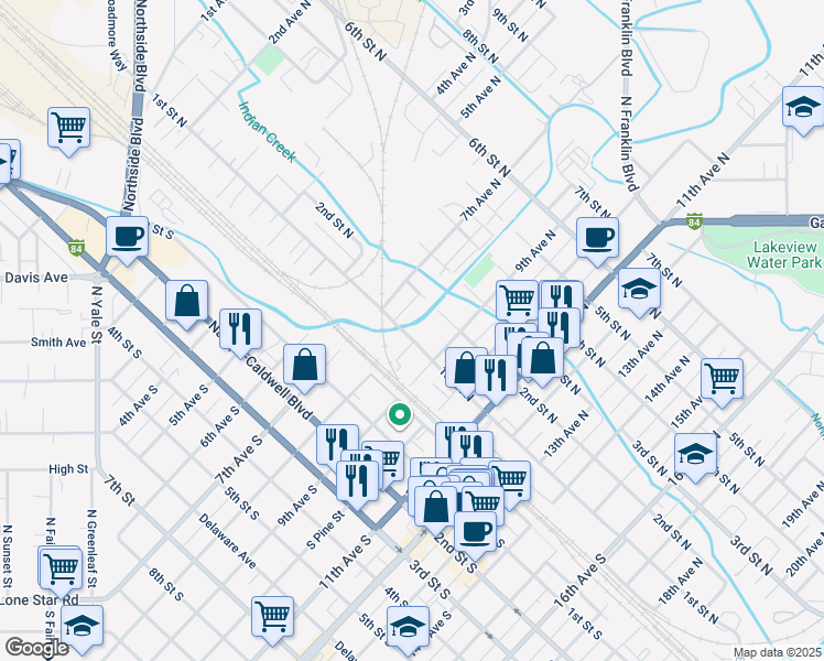 map of restaurants, bars, coffee shops, grocery stores, and more near 804 1st Street North in Nampa