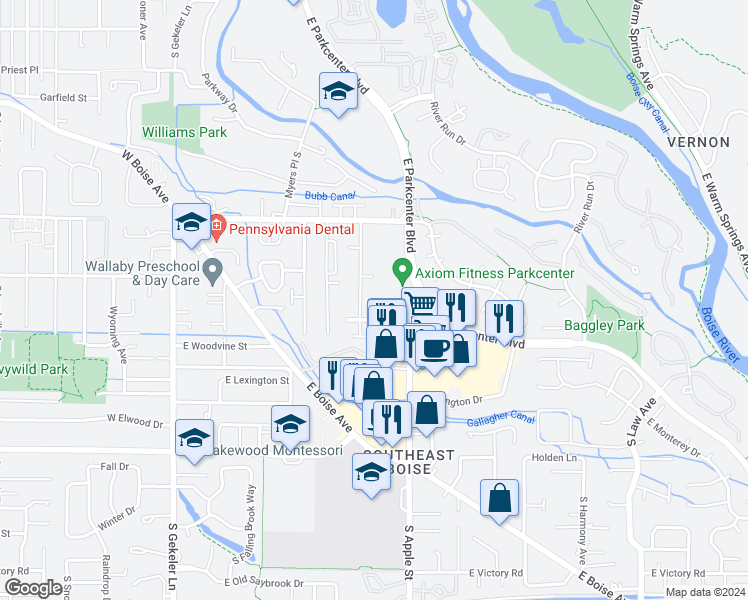 map of restaurants, bars, coffee shops, grocery stores, and more near 2222 South Stephen Avenue in Boise