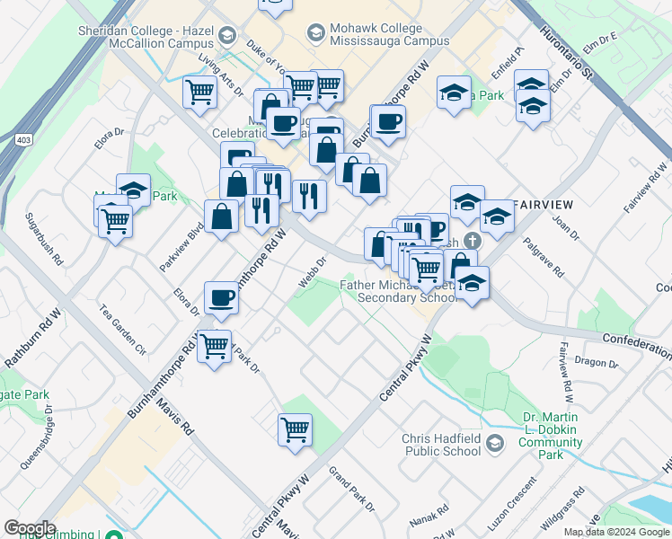 map of restaurants, bars, coffee shops, grocery stores, and more near in Mississauga