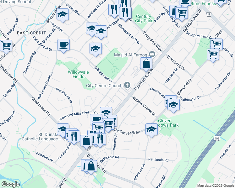 map of restaurants, bars, coffee shops, grocery stores, and more near 1266 Sherwood Mills Boulevard in Mississauga