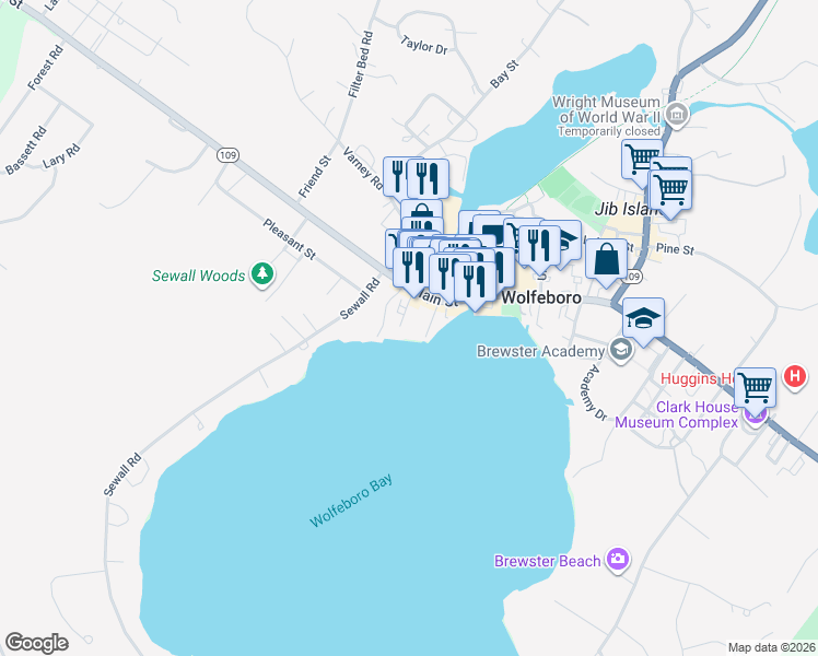 map of restaurants, bars, coffee shops, grocery stores, and more near 16 Endicott Street in Wolfeboro