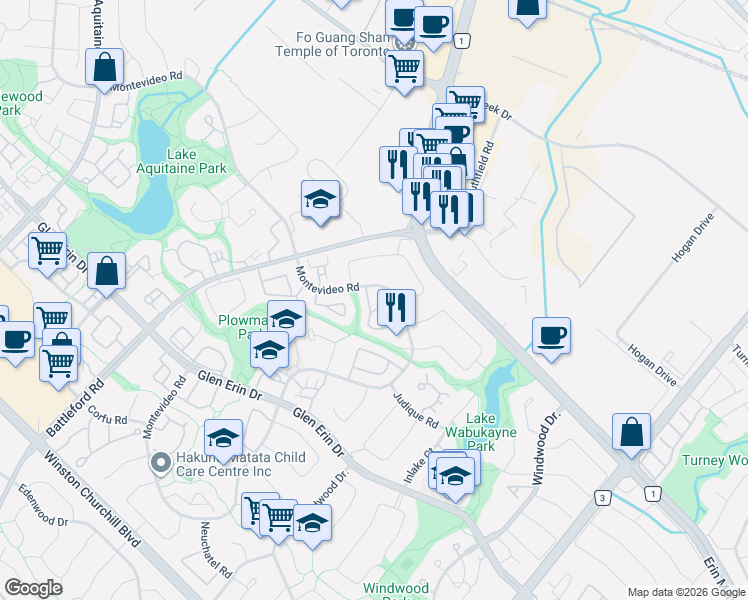map of restaurants, bars, coffee shops, grocery stores, and more near Montevideo Road in Mississauga