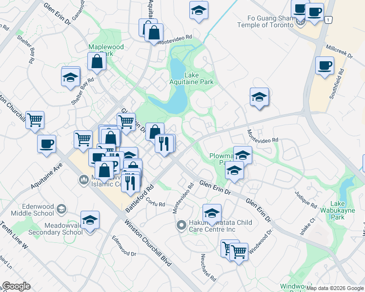 map of restaurants, bars, coffee shops, grocery stores, and more near 2757 Battleford Road in Mississauga