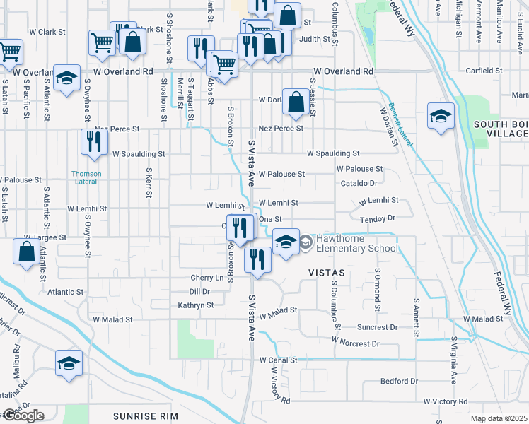 map of restaurants, bars, coffee shops, grocery stores, and more near 2508 Ona Street in Boise
