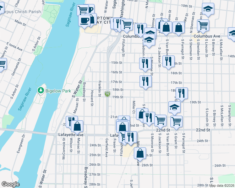 map of restaurants, bars, coffee shops, grocery stores, and more near 702 Fitzhugh Street in Bay City