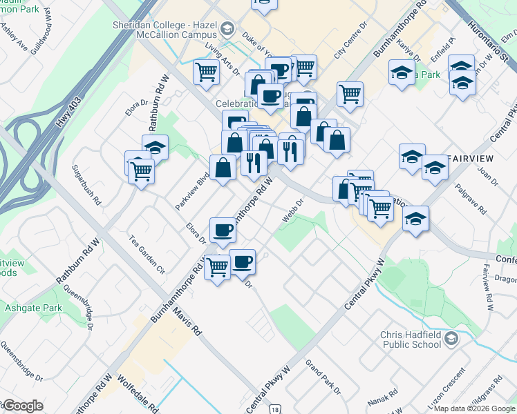 map of restaurants, bars, coffee shops, grocery stores, and more near 448 Burnhamthorpe Road West in Mississauga