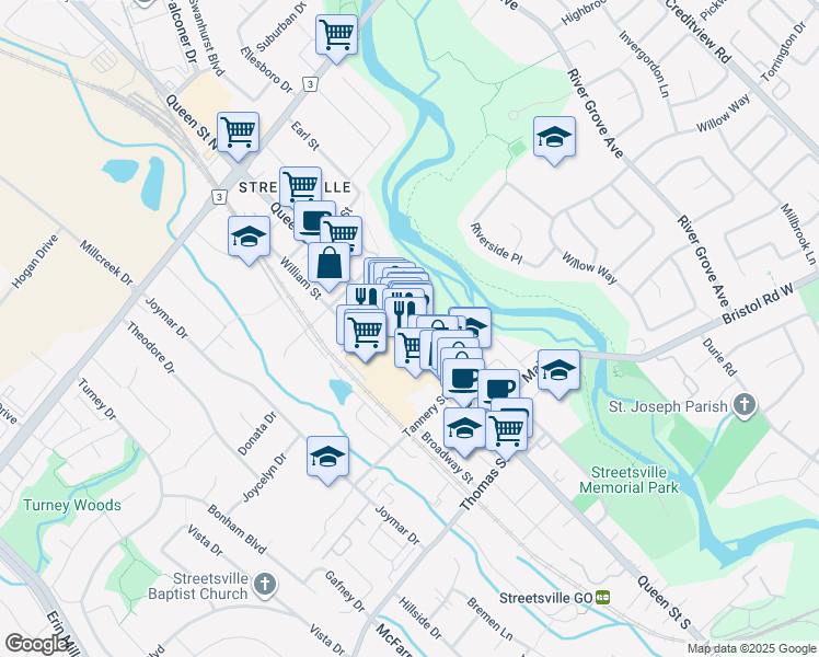 map of restaurants, bars, coffee shops, grocery stores, and more near 127 Queen Street South in Mississauga