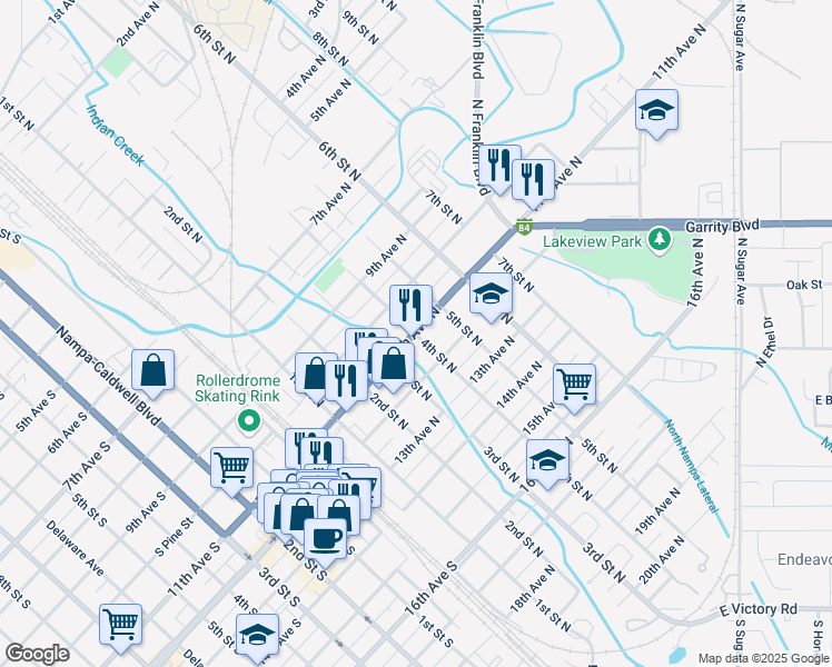 map of restaurants, bars, coffee shops, grocery stores, and more near 11th Avenue North in Nampa