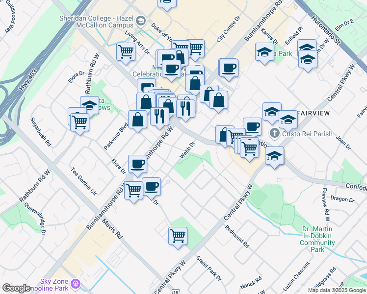 map of restaurants, bars, coffee shops, grocery stores, and more near in Mississauga