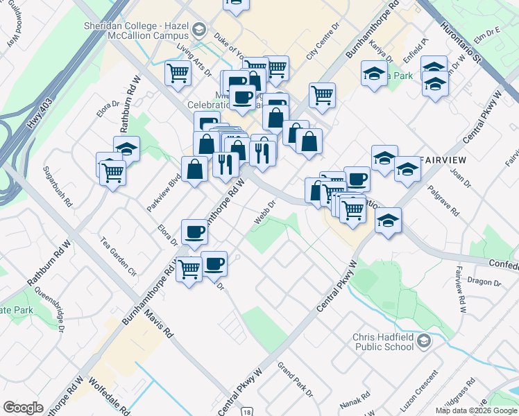 map of restaurants, bars, coffee shops, grocery stores, and more near 3883 Quartz Rd in Mississauga