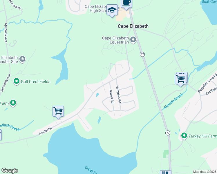 map of restaurants, bars, coffee shops, grocery stores, and more near 2 Jewett Road in Cape Elizabeth
