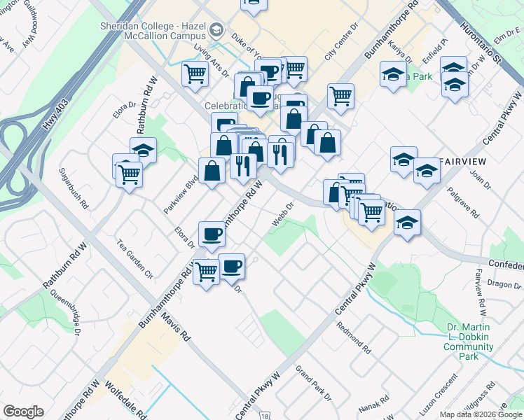 map of restaurants, bars, coffee shops, grocery stores, and more near 3883 Quartz Rd in Mississauga