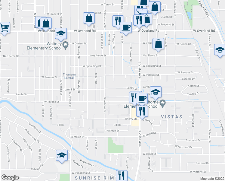 map of restaurants, bars, coffee shops, grocery stores, and more near 2917 Lemhi Street in Boise