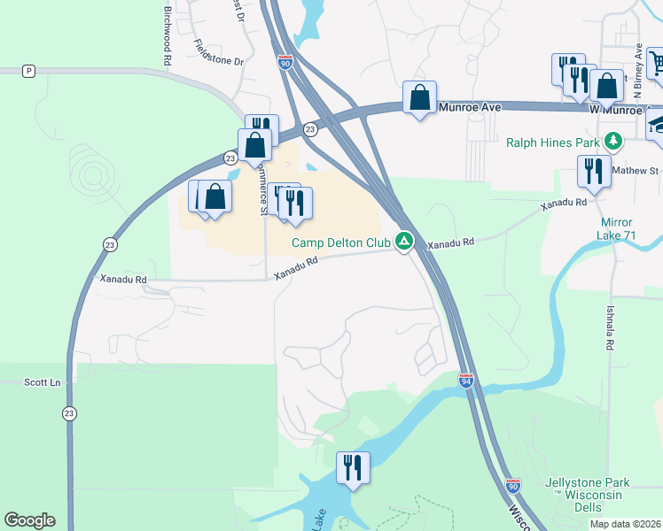 map of restaurants, bars, coffee shops, grocery stores, and more near 770 Xanadu Road in Wisconsin Dells