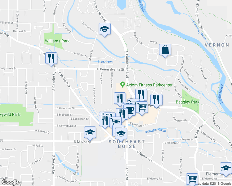 map of restaurants, bars, coffee shops, grocery stores, and more near 2222 South Stephen Avenue in Boise