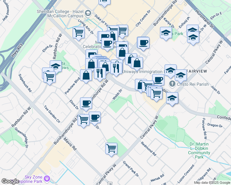 map of restaurants, bars, coffee shops, grocery stores, and more near in Mississauga