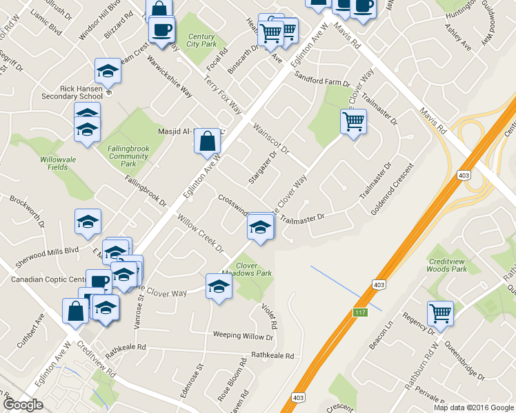 map of restaurants, bars, coffee shops, grocery stores, and more near 4556 Penhallow Road in Mississauga