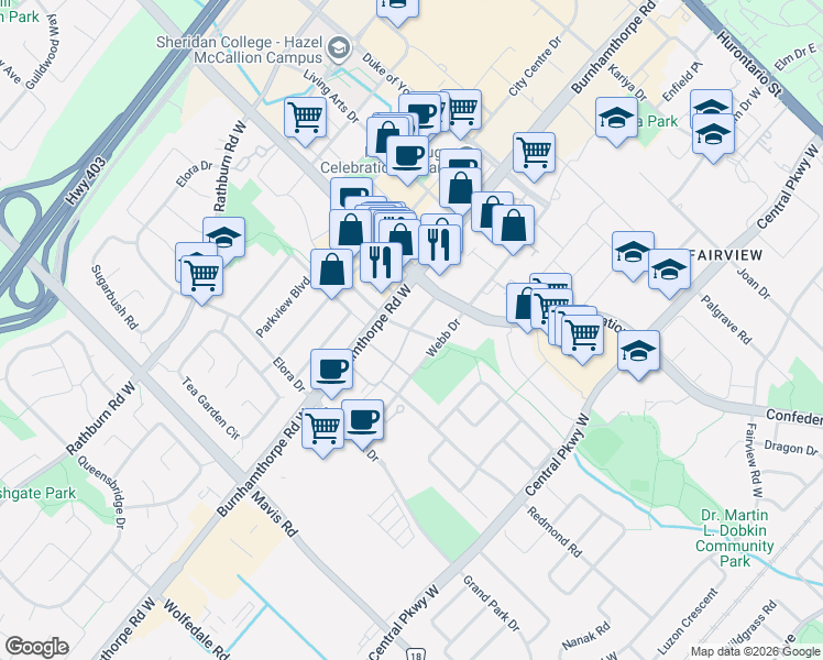 map of restaurants, bars, coffee shops, grocery stores, and more near Quartz Rd in Mississauga