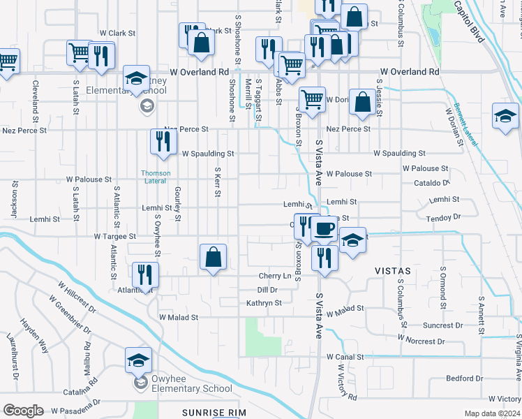 map of restaurants, bars, coffee shops, grocery stores, and more near 2891 Lemhi Street in Boise