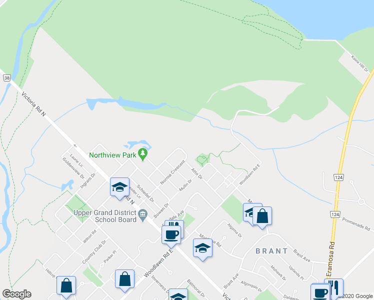 map of restaurants, bars, coffee shops, grocery stores, and more near 83 Norma Crescent in Guelph